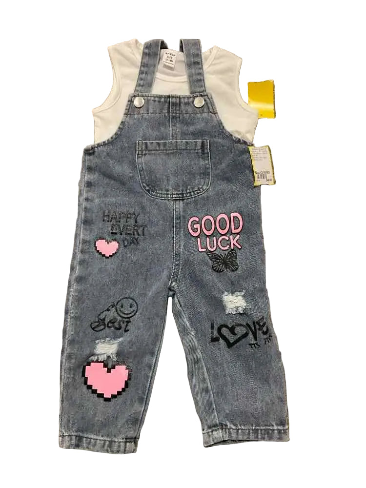 Shein (E) White Blue Infant Size 12-18 MO Girl's 2PC Overall Pant