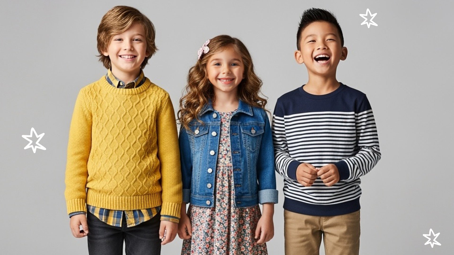 3 children smiling with a grey background